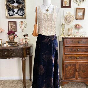 Y2k whimsigoth boho fairy floral velvet maxi skirt